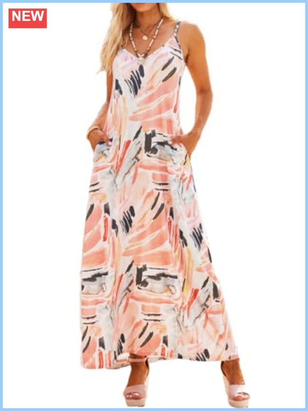 Women's Bohemian Maxi Dress with Pockets Spaghetti Strap V-Neck Summer Beach